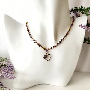 Antique Brass Wire Heart Pendant Beaded Chain Link Necklace